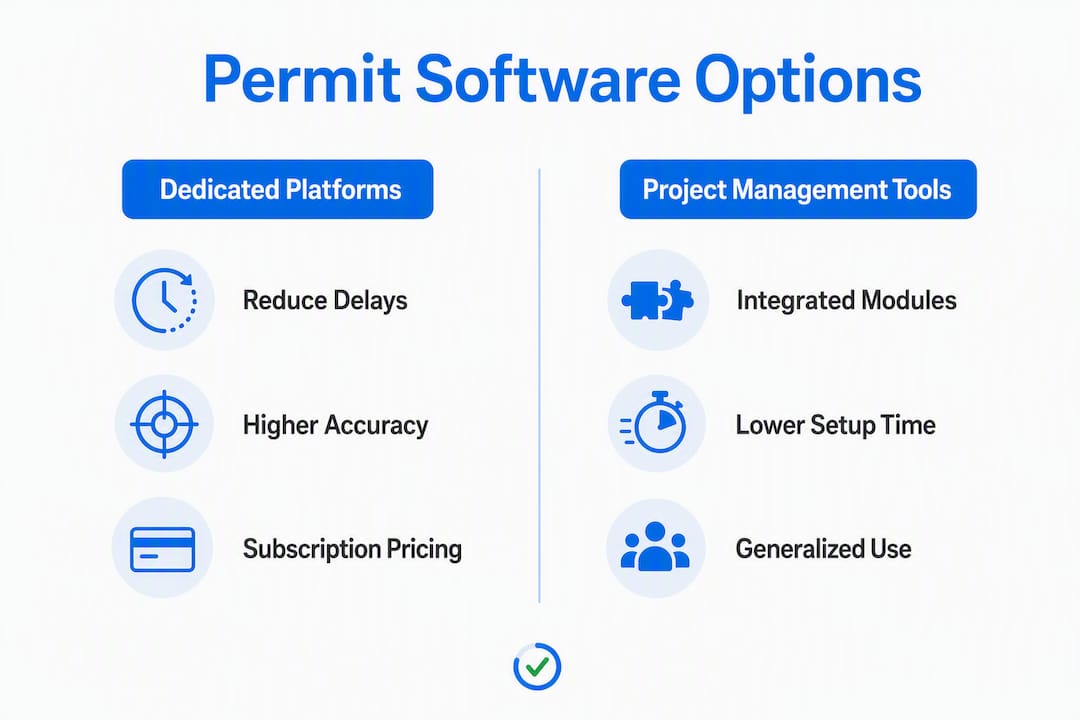 Infographic comparing dedicated platforms vs PM tools for permits