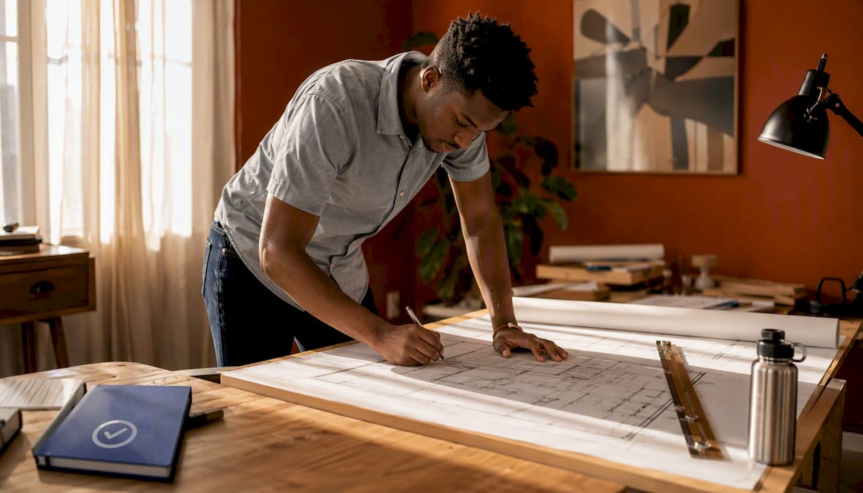 Architect examining construction plans over drafting table