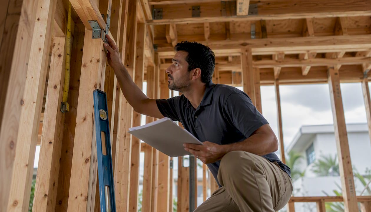 Inspector checking wood framing details onsite