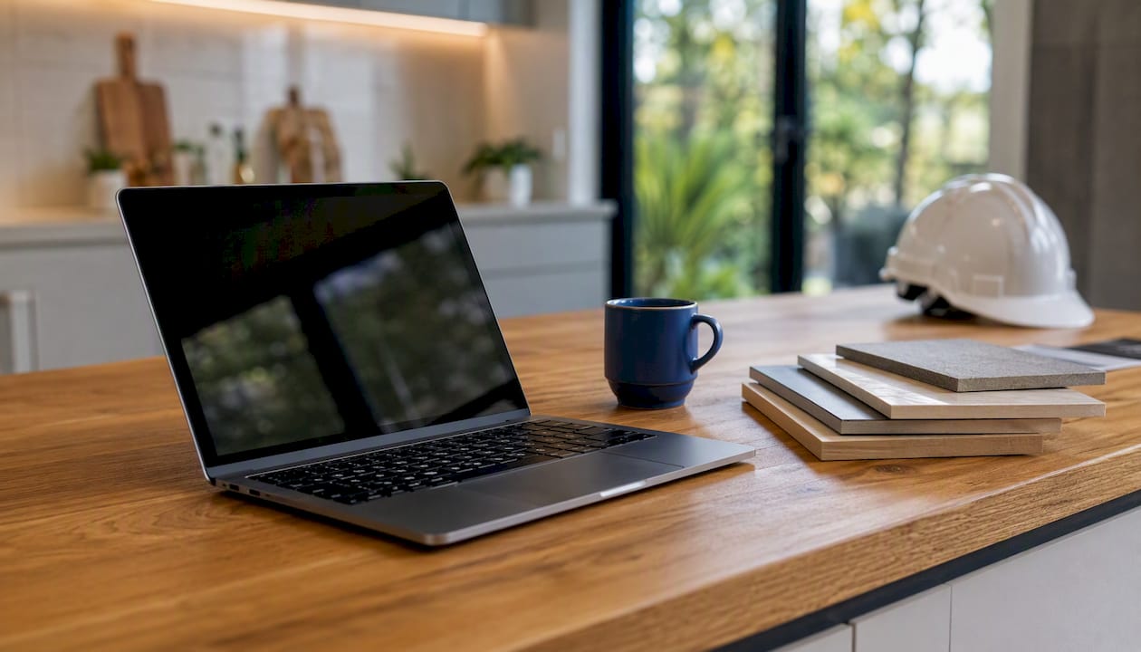 Laptop with dark screen next to hardhat and plant
