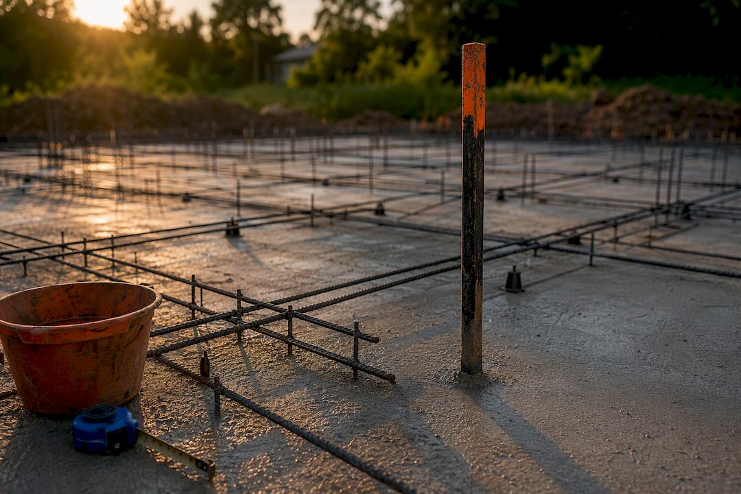 Construction foundation with rebar and elevation marker