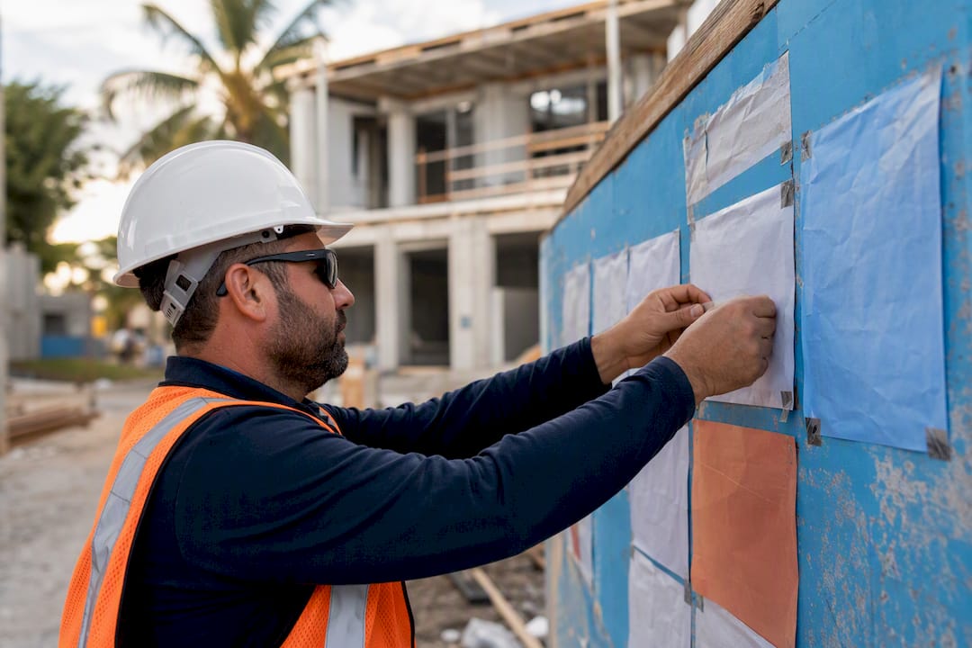 Supervisor placing inspection sticker on site board