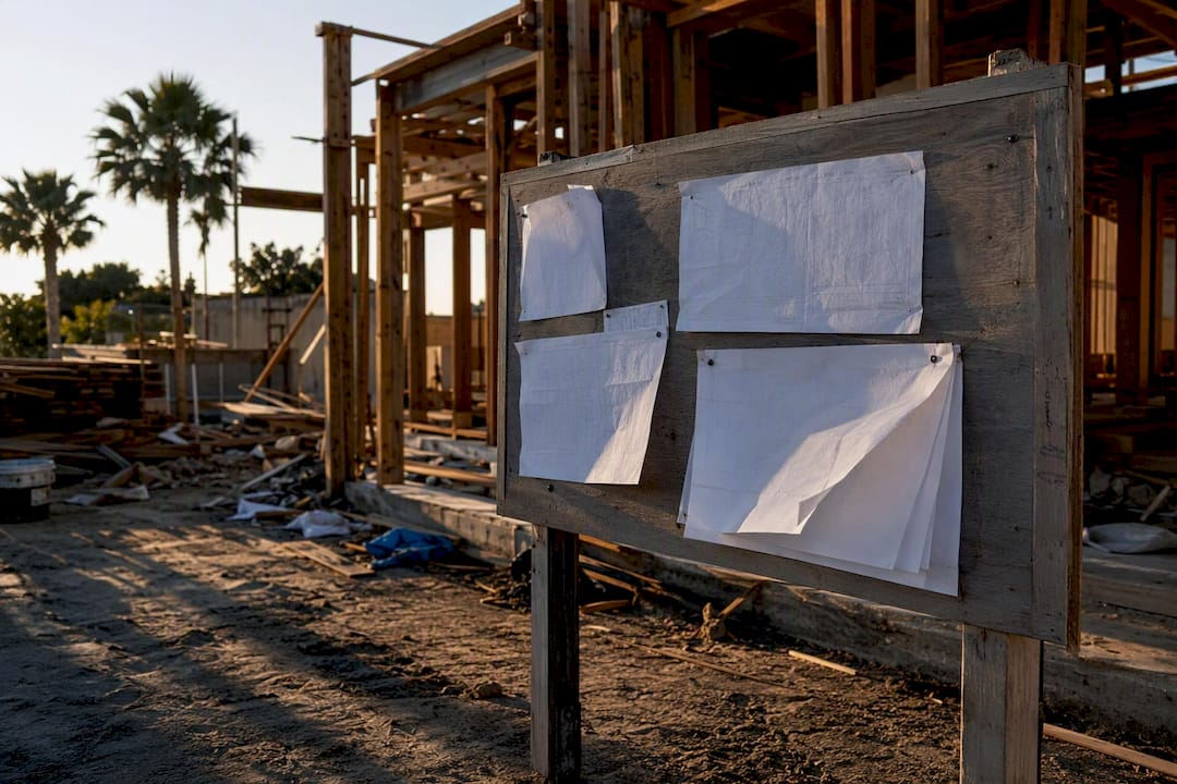 Site bulletin board with incomplete building plans