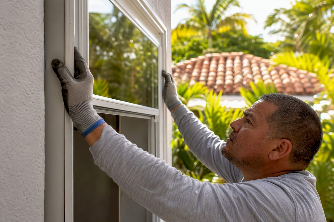 Contractor installing impact-resistant window frame