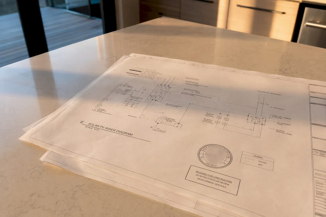 Sealed engineering plans with solar electrical diagram