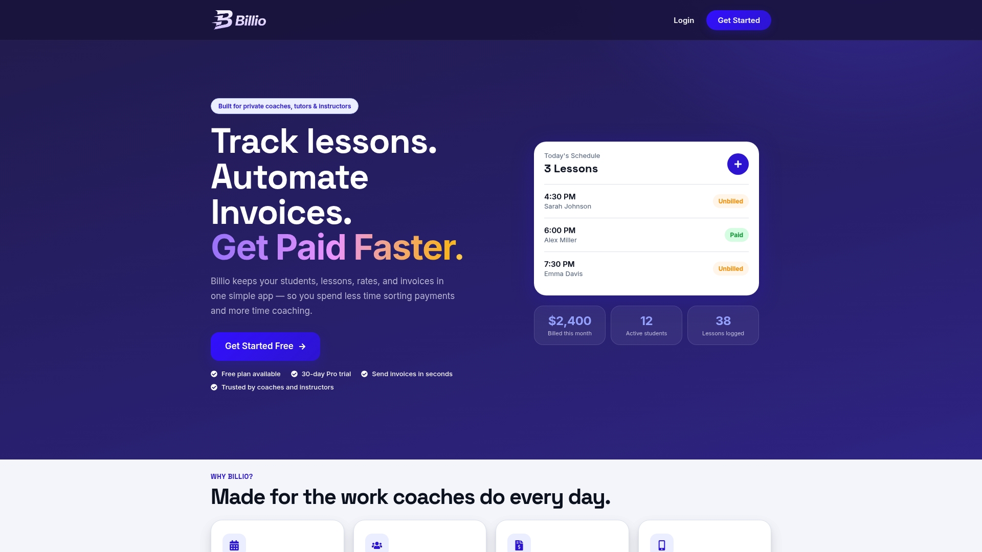 Billio app for coaches and tutors