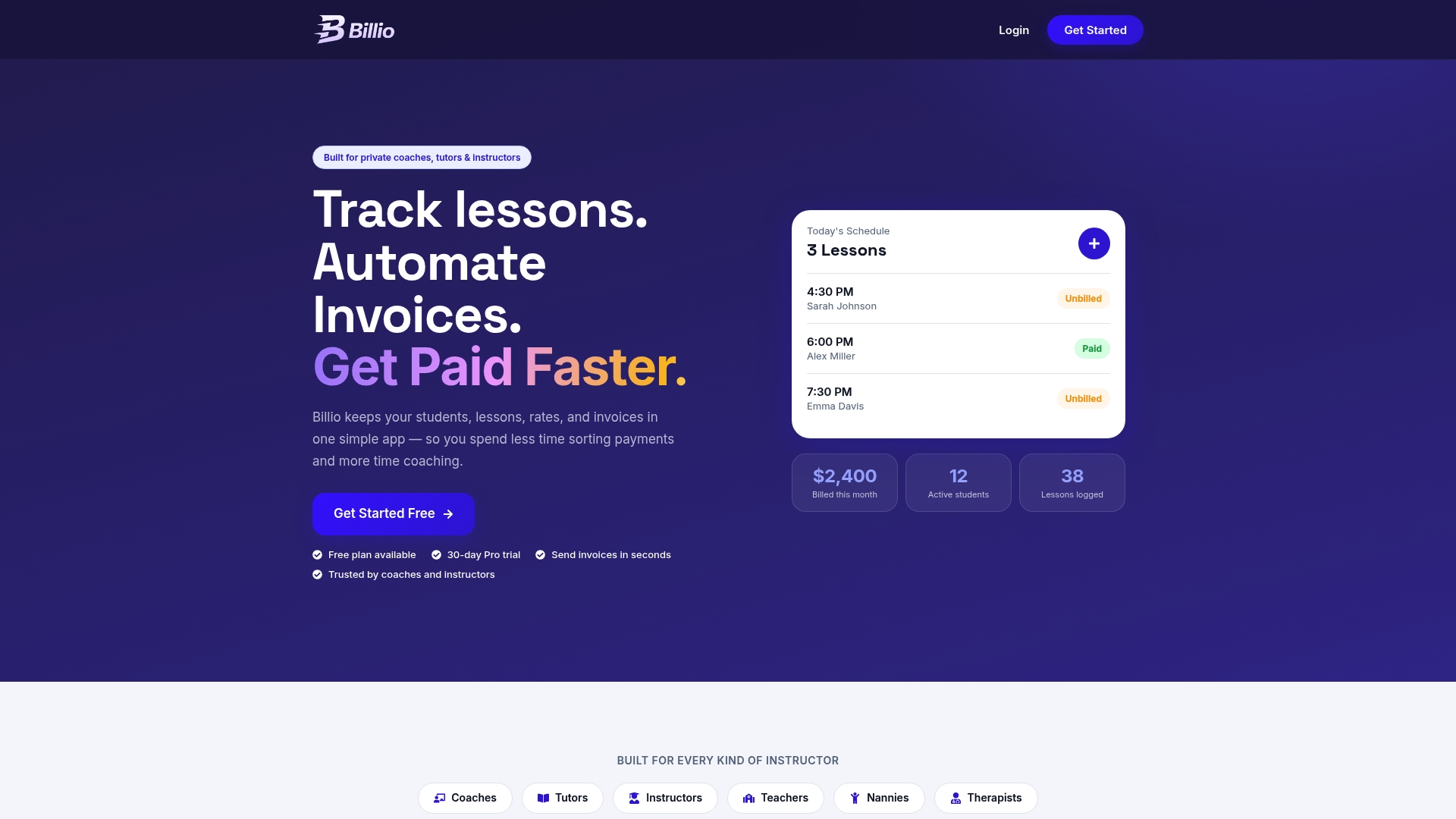 Billio app — scheduling and invoicing for solo tutors
