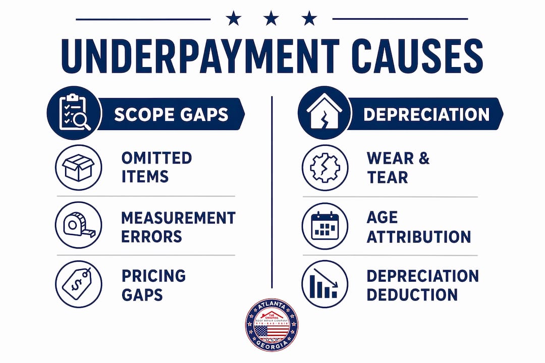 Infographic comparing roof claim underpayment causes
