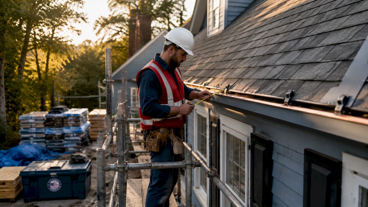 Contractor inspecting roof installation closely