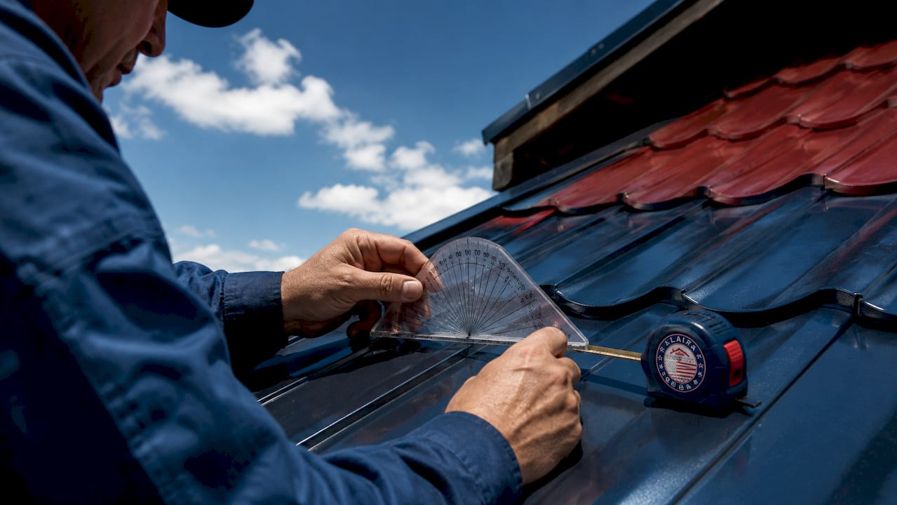 Hands using roofing pitch calculator on roof edge