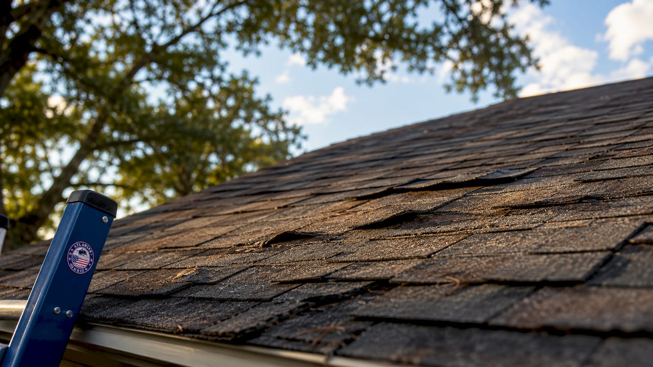 Close-up of damaged asphalt roof shingles