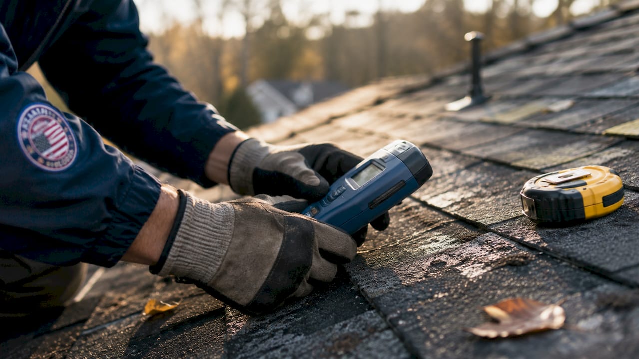 Close-up of roof shingles with inspection tools