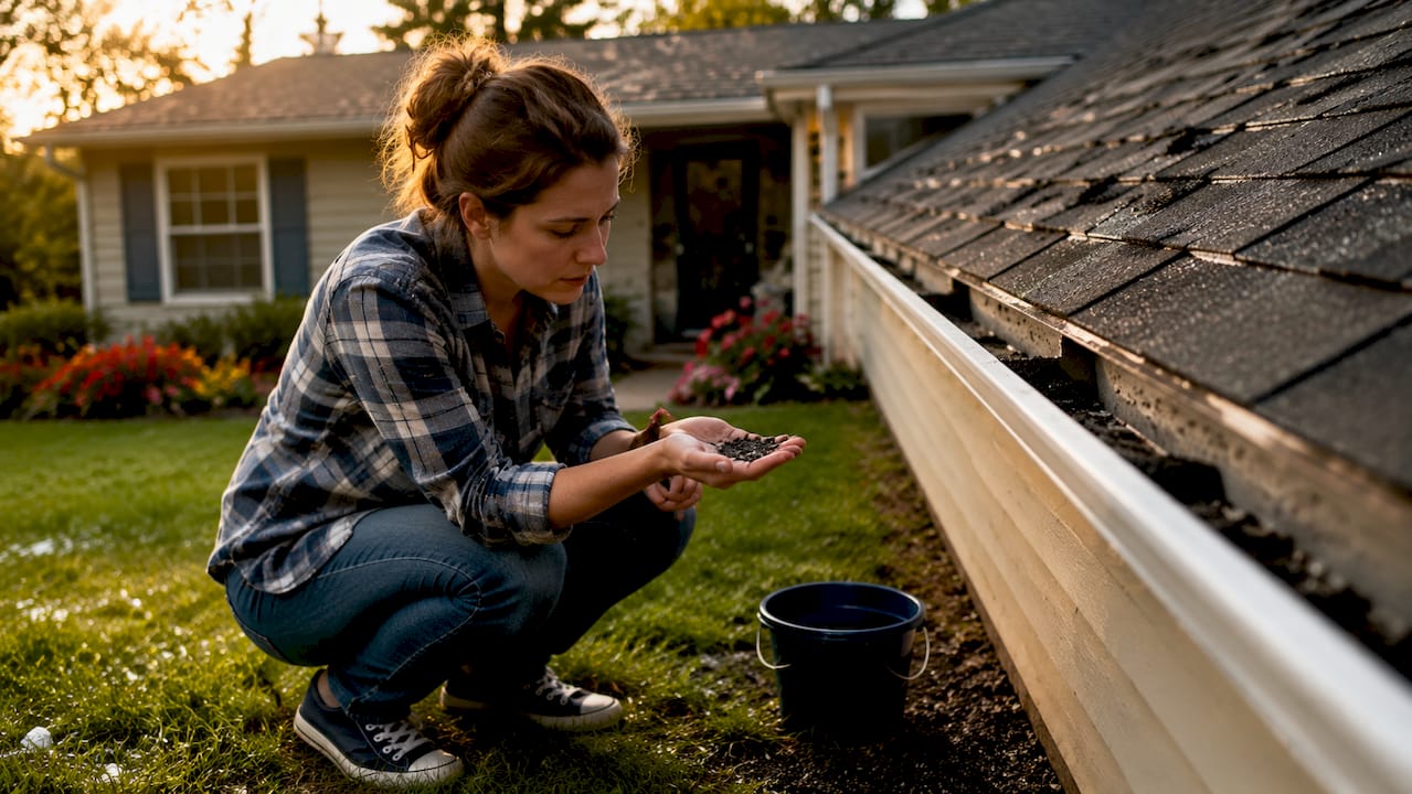 Woman checking roof granule loss in gutter