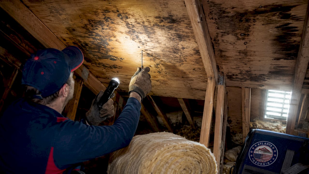 Hands probing stained attic wood decking with flashlight