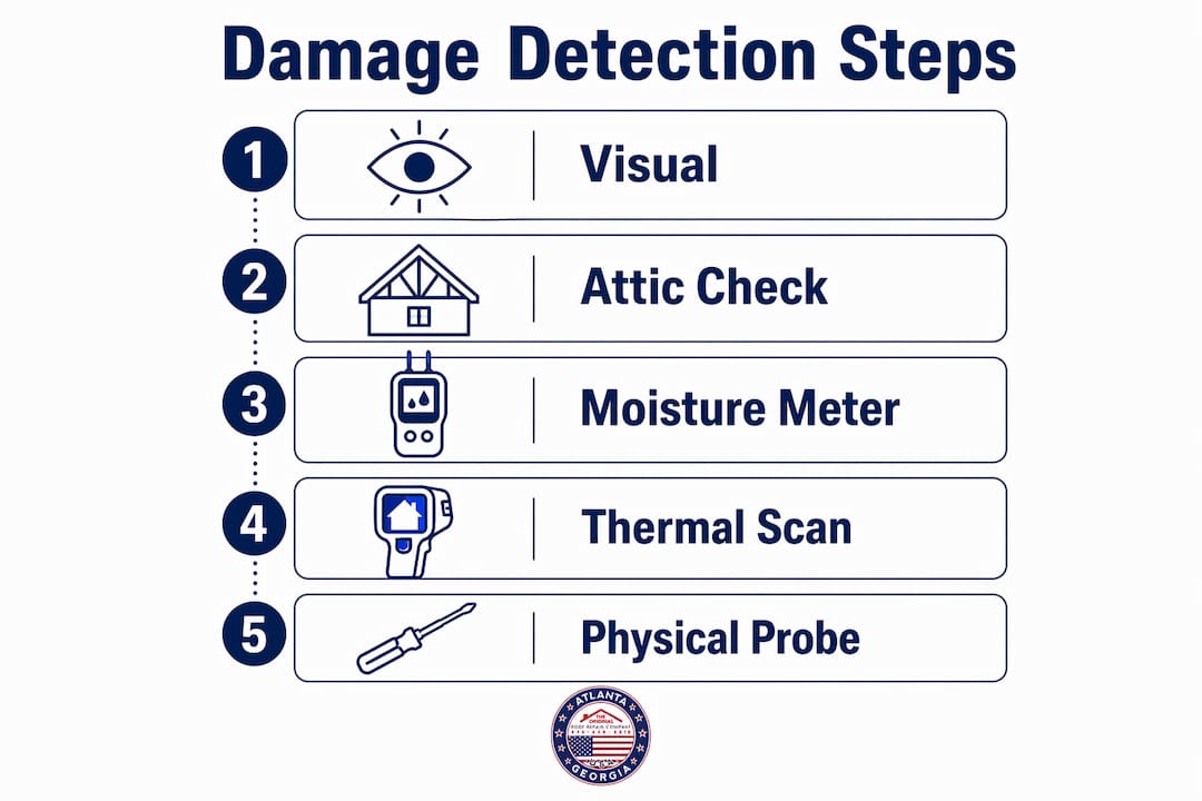 Infographic illustrating steps to detect roof decking damage