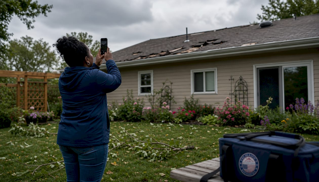 Homeowner photographing damaged roof after storm