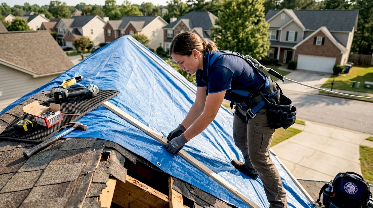 Professional tarping hands securing roof tarp