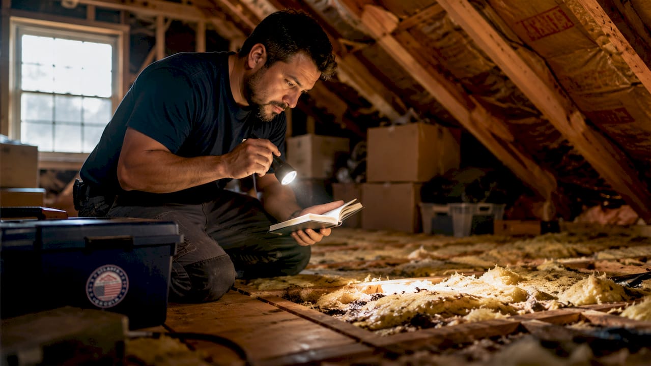 Man inspecting attic insulation for leaks