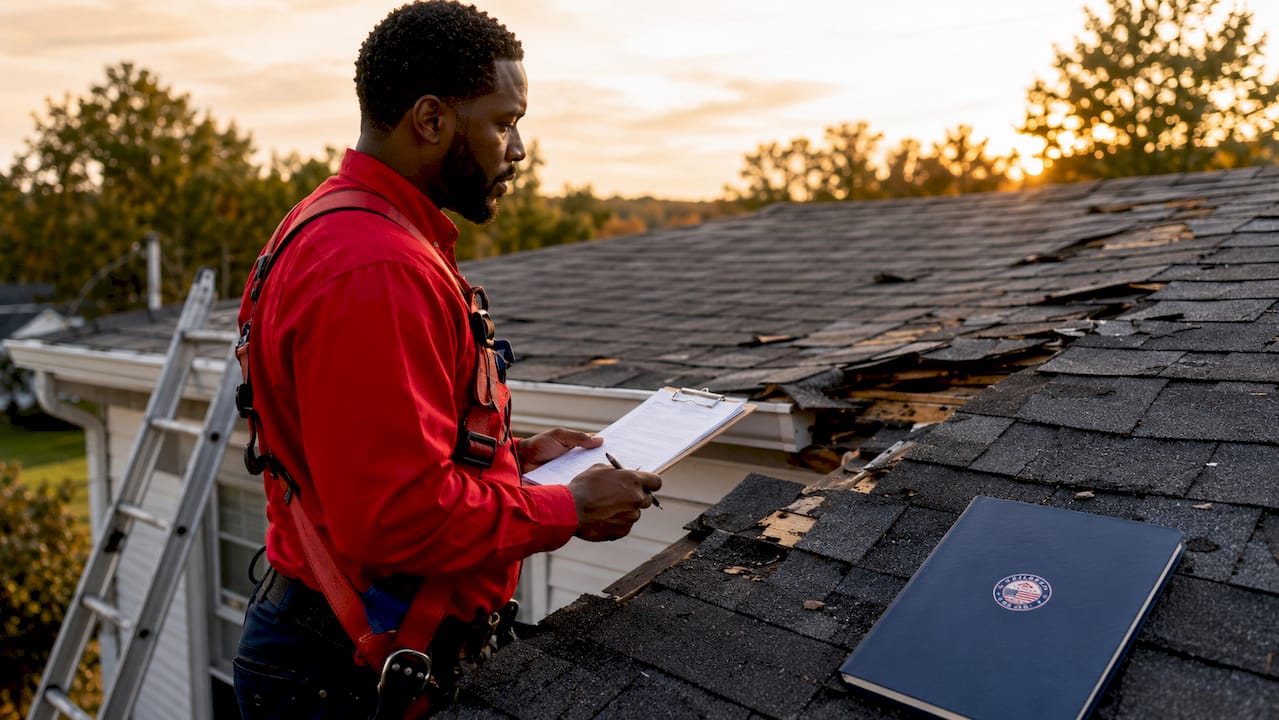 Insurance adjuster inspecting damaged roof shingles