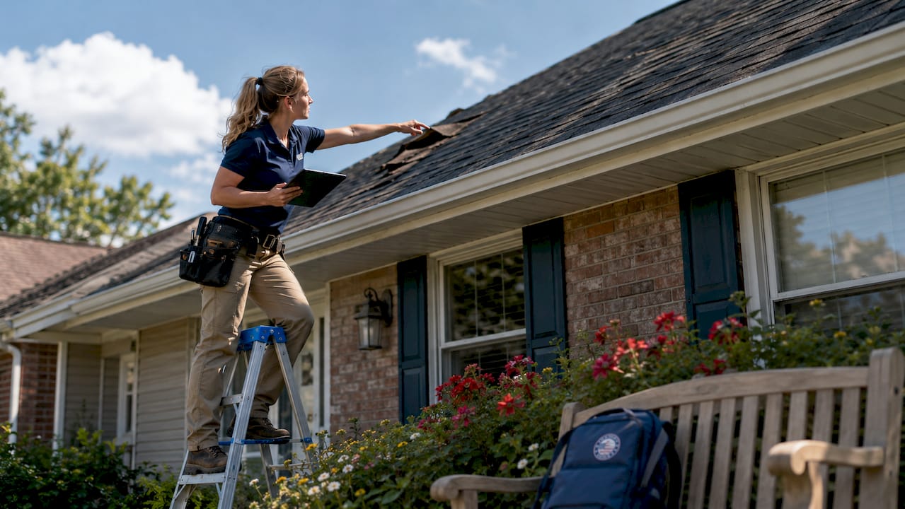 Homeowner inspecting roof damage with tablet