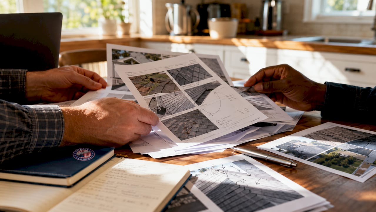 Hands reviewing roof damage reports and photos on desk