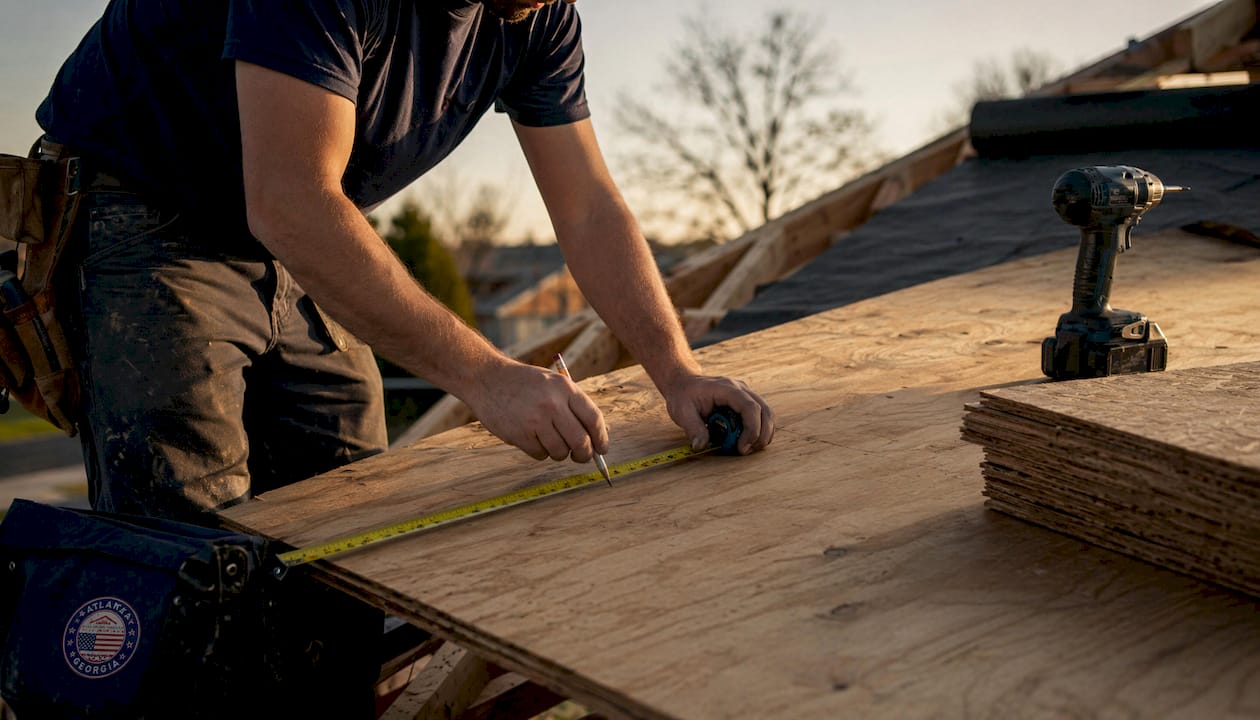 Contractor measuring plywood panels on roof framing