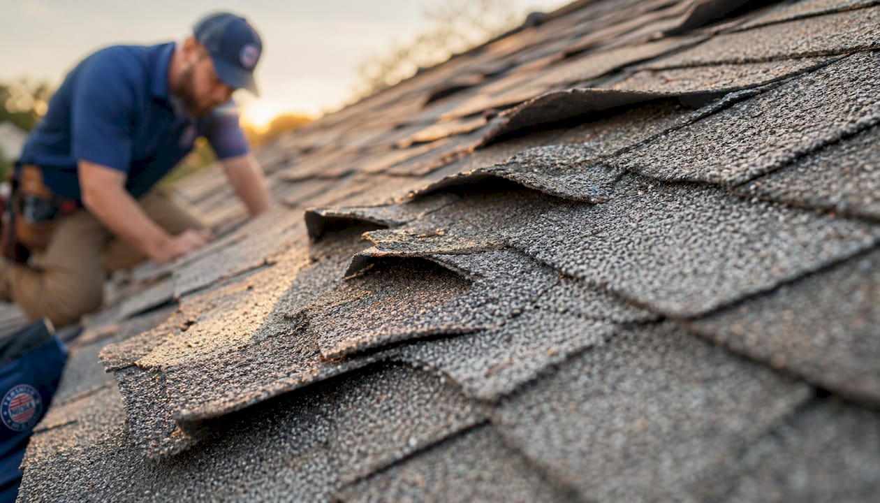 Close-up of curled asphalt shingles on roof