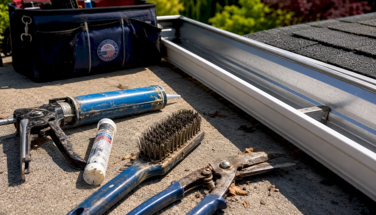 Roof maintenance tools beside clean gutter
