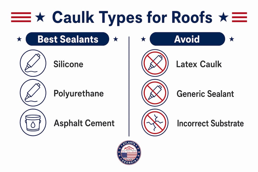 Infographic comparing roof caulk types and suitability