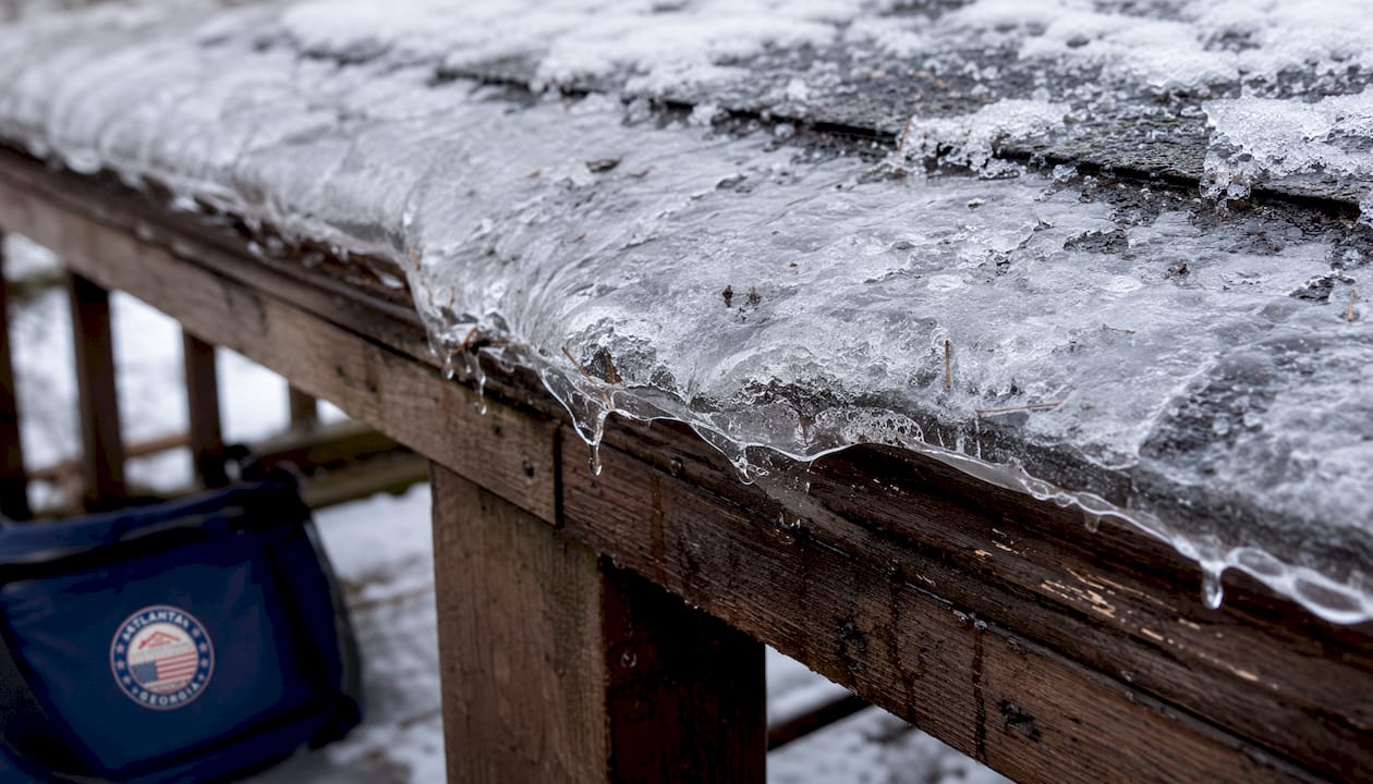 Close-up of ice dam causing roof damage