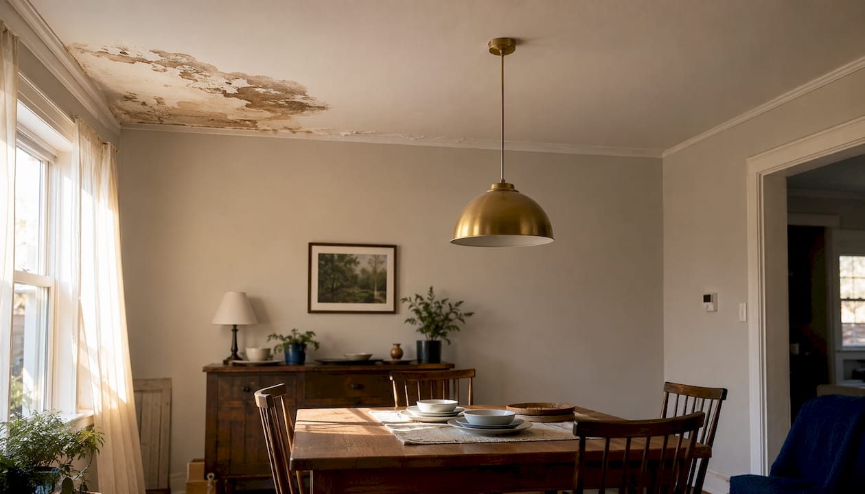 Interior ceiling with water stain from wind-driven rain