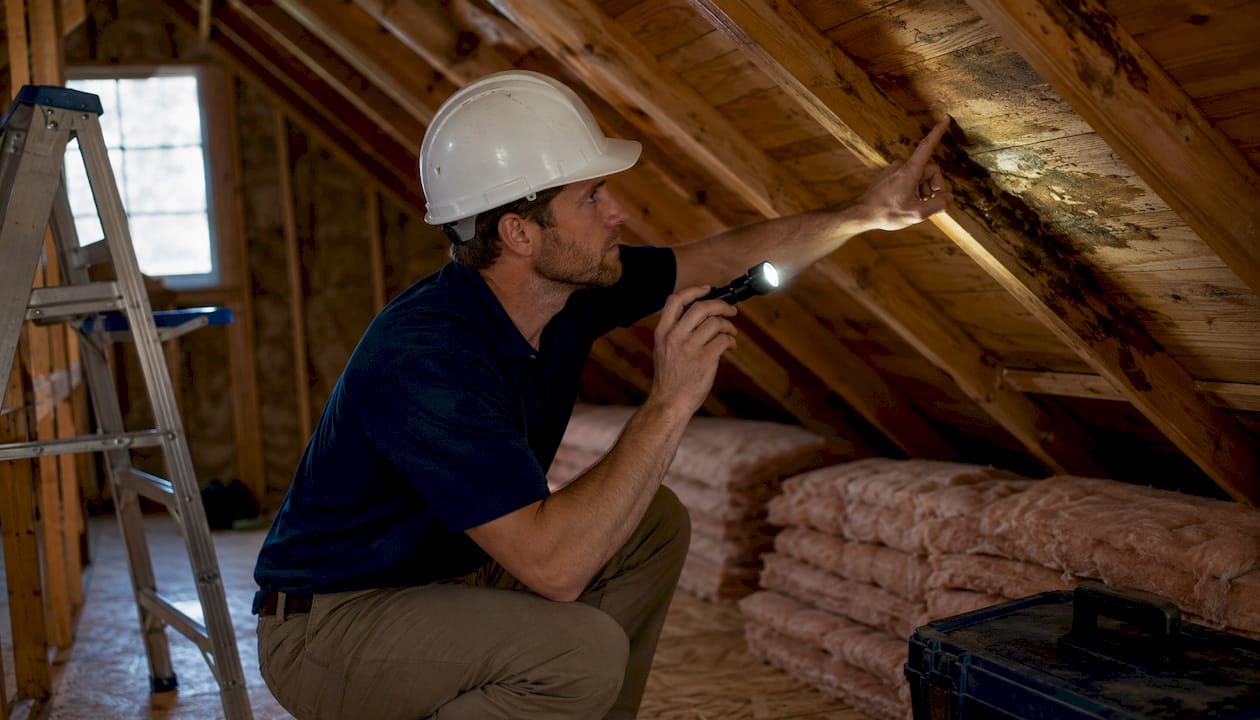 Home inspector checking attic water damage