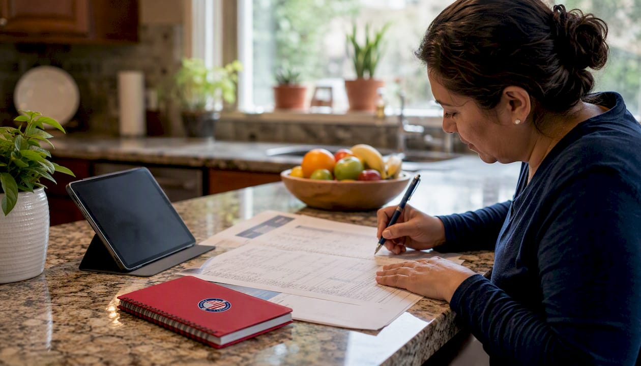Homeowner reviewing roofing estimate paperwork