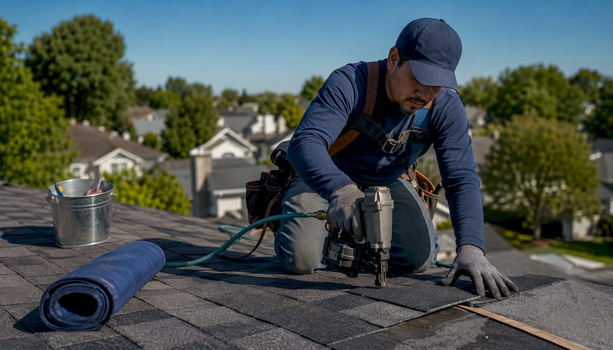 Roofer installing asphalt shingles on roof