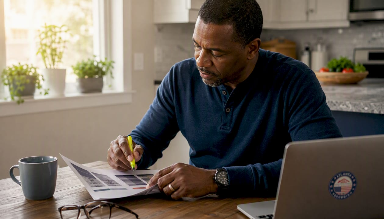 Homeowner reviewing asphalt shingle rating brochure