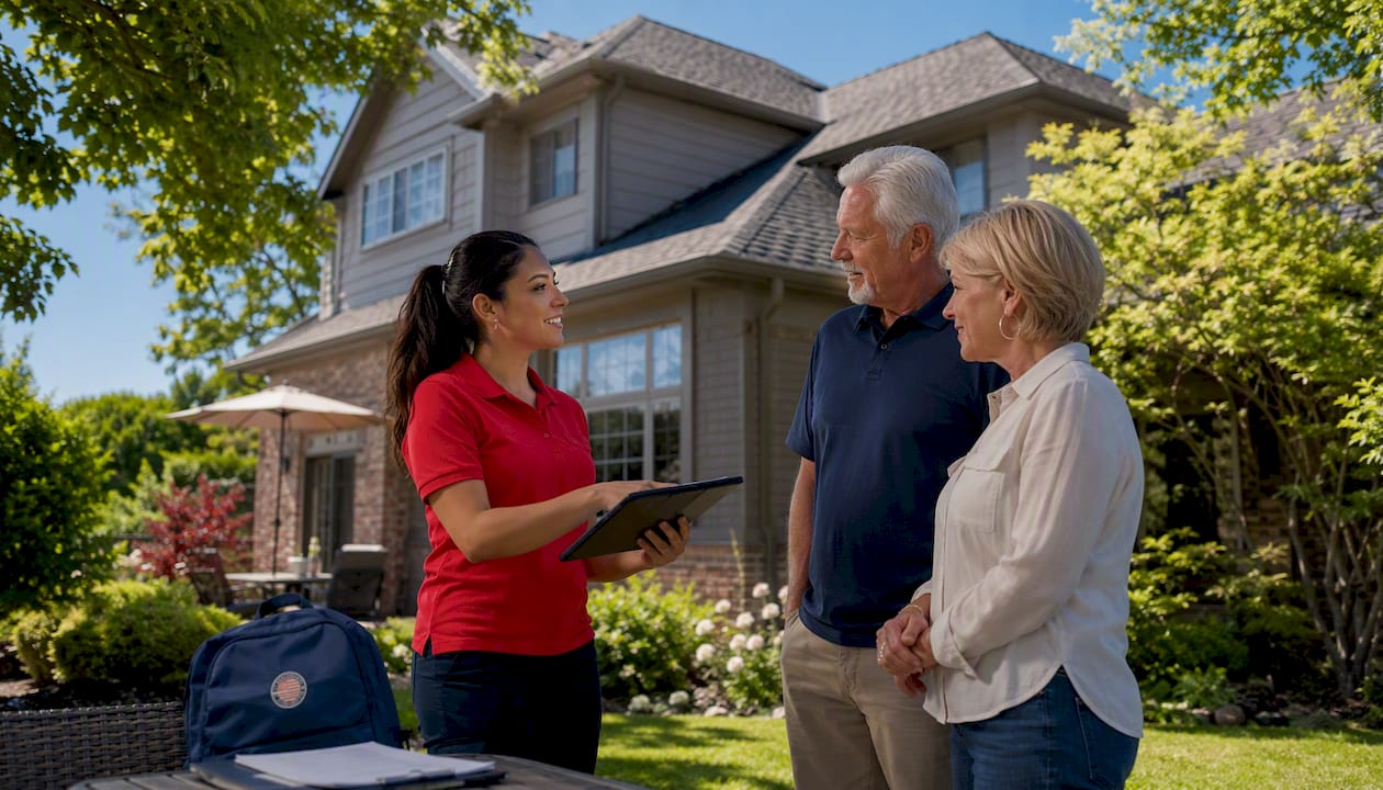 Roofing specialist consulting homeowners about shingles