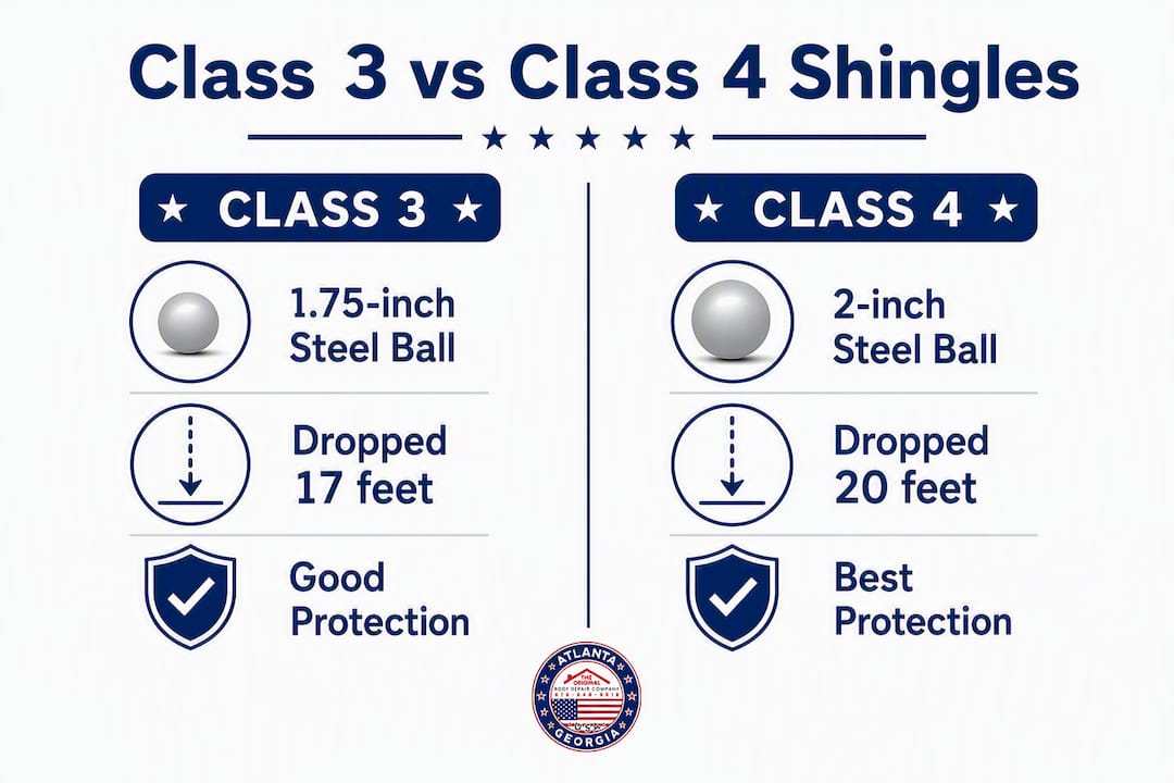 Infographic comparing Class 3 and Class 4 hail impact rating shingles