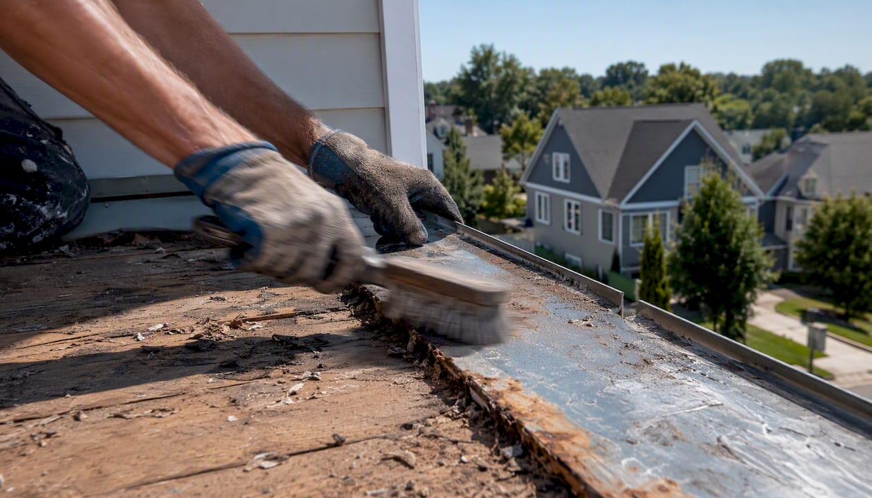 Cleaning roof decking surface with wire brush