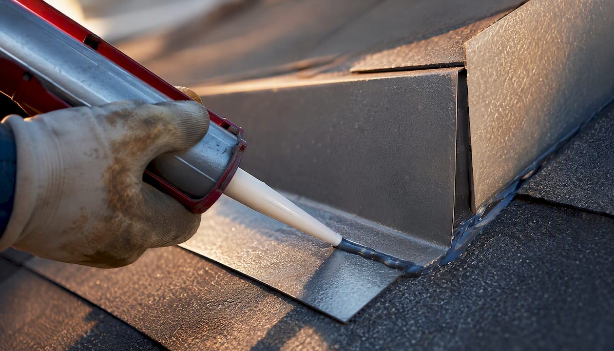 Applying polyurethane sealant on metal roof flashing
