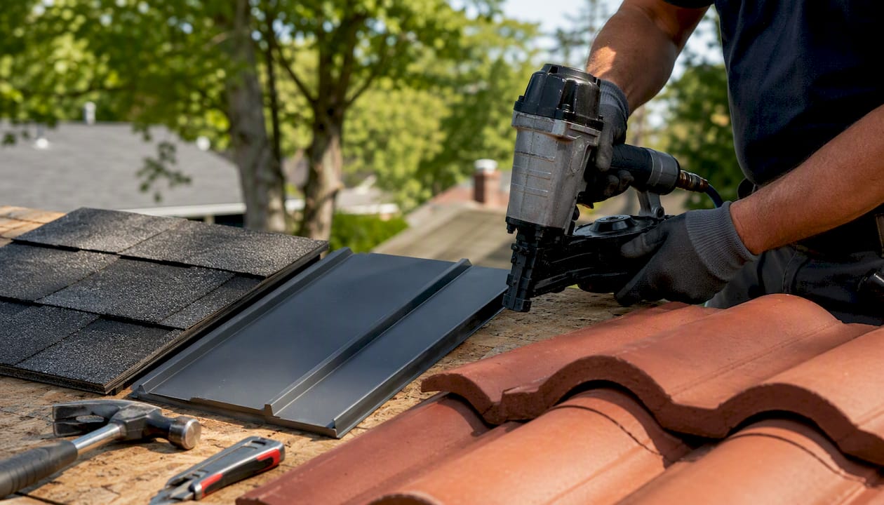 Close-up of different roofing materials and tools