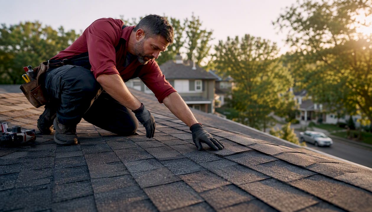 Roofer inspecting finished roof installation