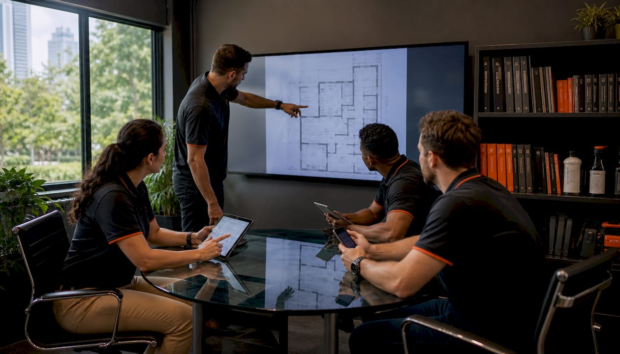 Team discussing termite treatment plans indoors