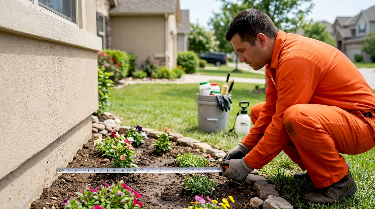 Measuring 6-foot pest treatment crossing zone at home foundation