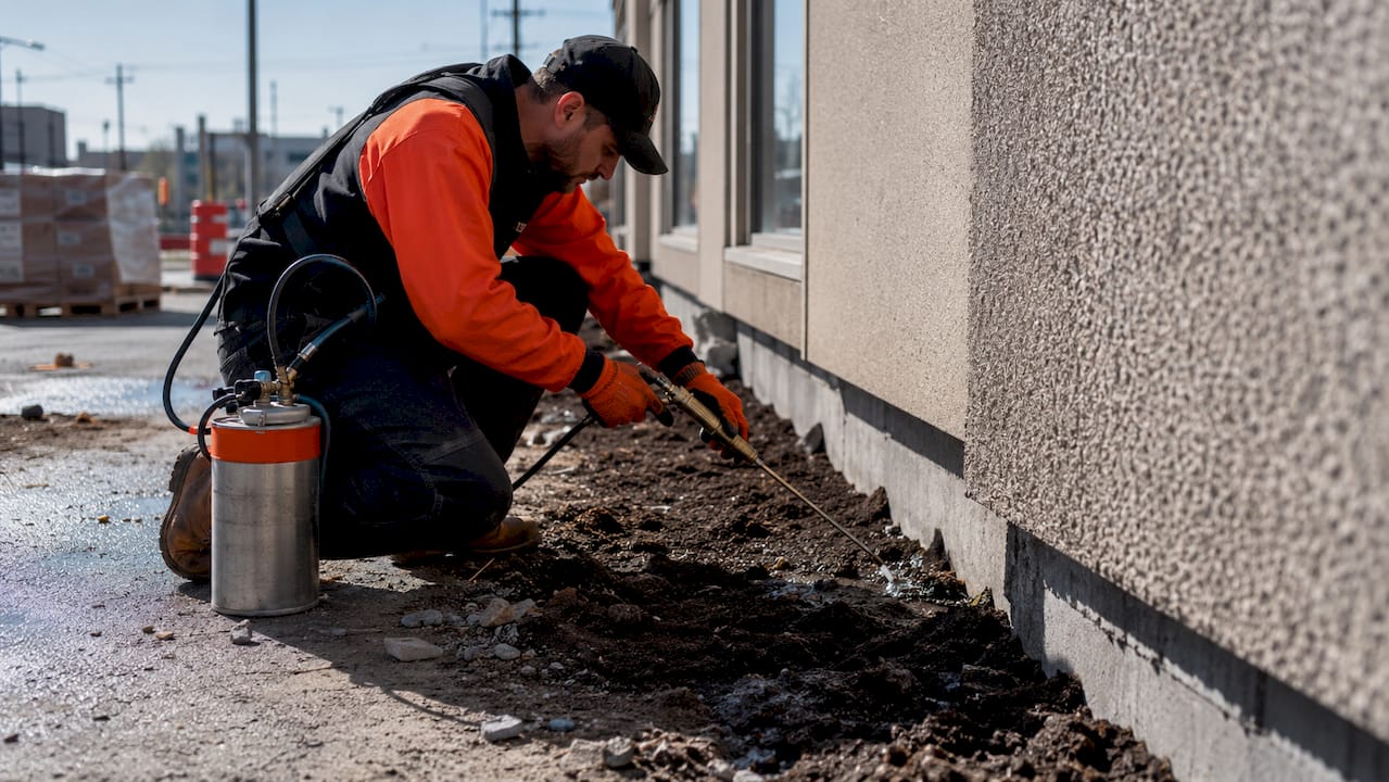 Hands applying liquid termite treatment to soil foundation