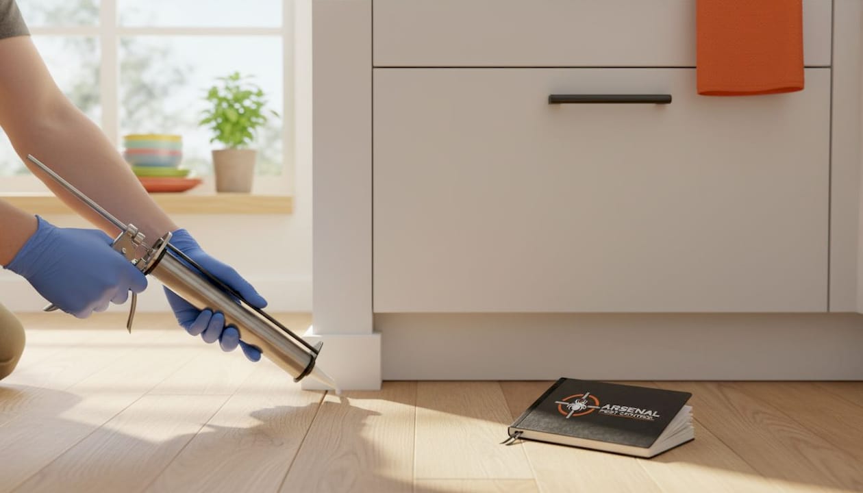 Hands applying caulk for pest exclusion at baseboard
