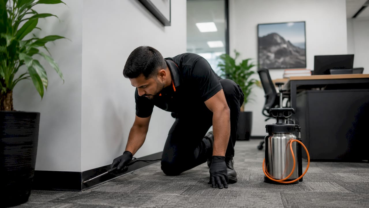 Pest control technician applying spot treatment indoors