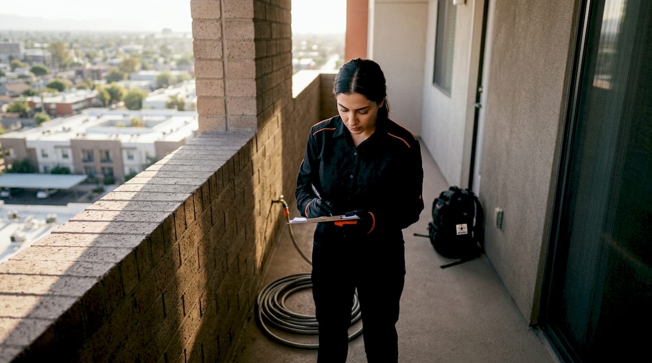 Pest control technician completing treatment report outdoors