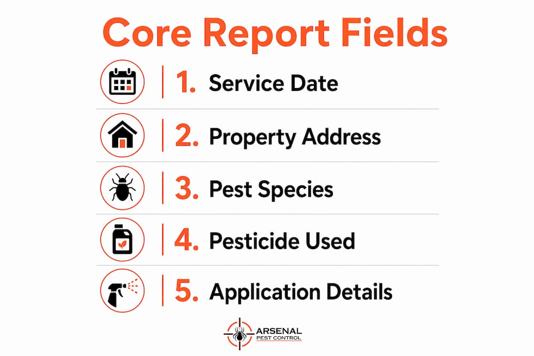Infographic showing core pest control report fields in steps