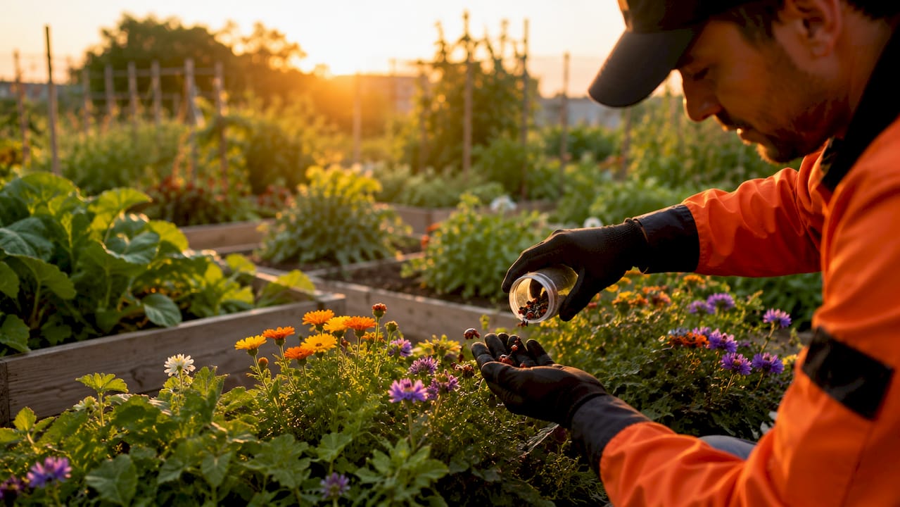 Technician releasing ladybugs for pest control