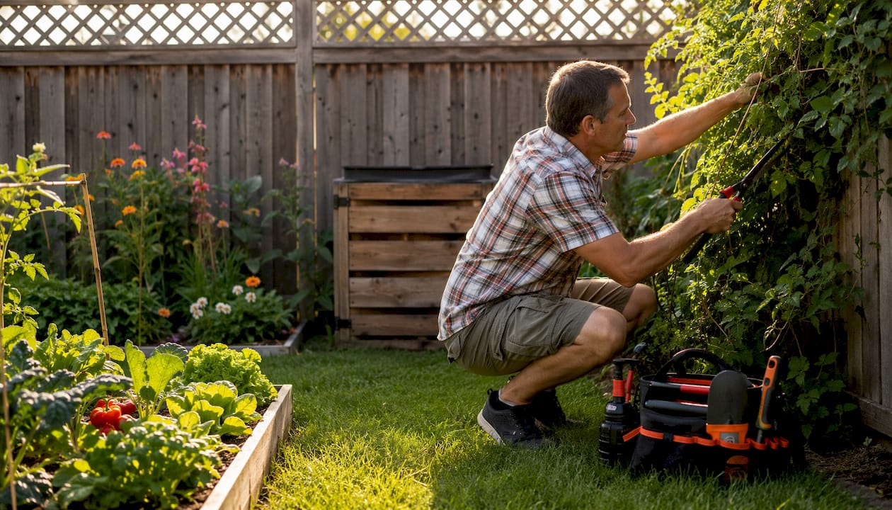 Man trimming bushes near house foundation for pest prep